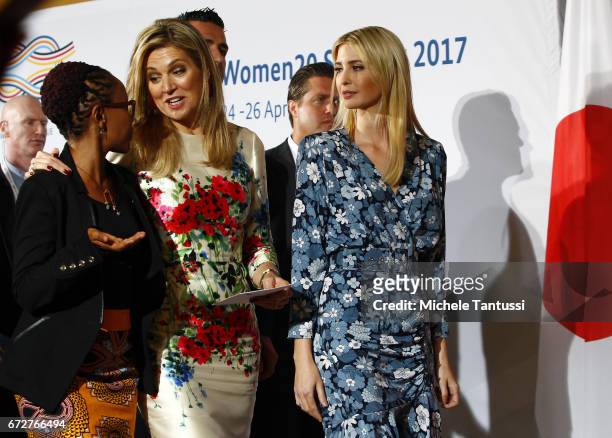 Juliana Rotich Director BRCK speaks with Queen Maxima of the Netherlands and Ivanka Trump, Advisor and daughter of U.S. President Donald Trump as...