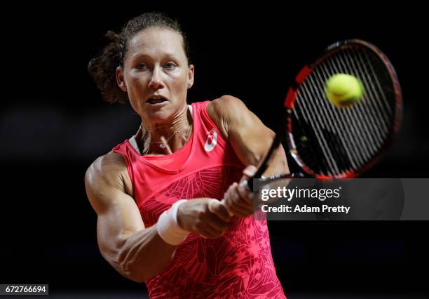 Samantha Stosur of Australia hits a backhand in her match against Anastasija Sevastova of the Latvia during the Porsche Tennis Grand Prix at Porsche...