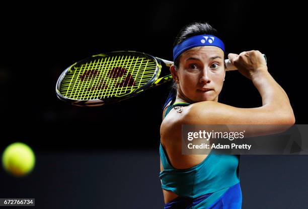 Anastasija Sevastova of Latvia hits a backhand in her match against Samantha Stosur of Australia during the Porsche Tennis Grand Prix at Porsche...