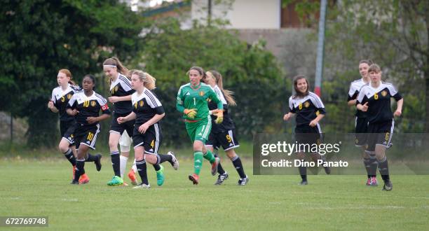 Belgium women's U16 players celebrate team's first goal the 2nd Female Tournament 'Delle Nazioni' match between Germany U16 and Belgium at Stadio...