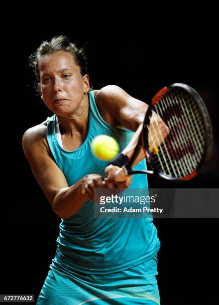 Barbora Strycova of the Czech Republic hits a backhand in her match against Jennifer Brady of the USA during the Porsche Tennis Grand Prix at Porsche...
