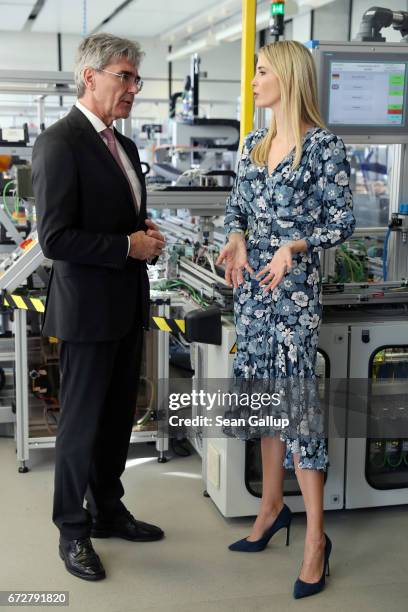 Ivanka Trump, daughter of U.S. President Donald Trump, meets CEO Siemens Joe Kaeser at the Siemens mechantronic factory on April 25, 2017 in Berlin,...