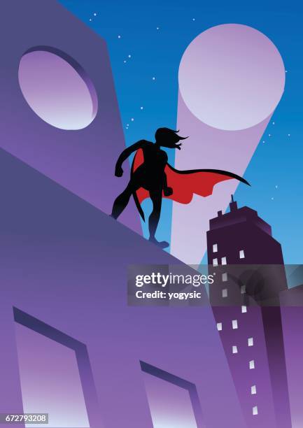 low angle view superhero silhouette in the city - female superhero stock illustrations
