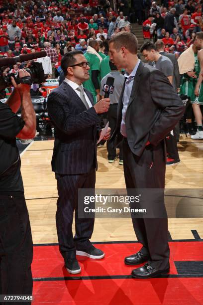 Reporter, Adam Schefter interviews Brad Stevens of the Boston Celtics after Game Three of the Eastern Conference Quarterfinals against the Chicago...