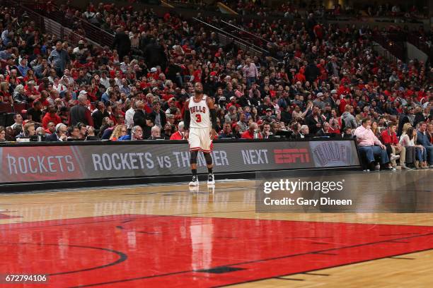 Dwyane Wade of the Chicago Bulls walks off the court during Game Three of the Eastern Conference Quarterfinals against the Boston Celtics of the 2017...