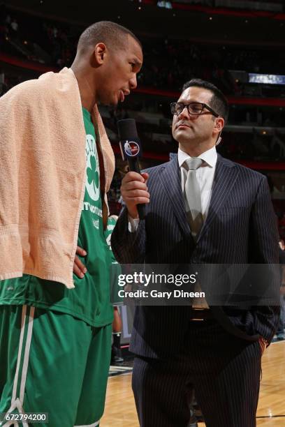 Reporter, Adam Schefter interviews Al Horford of the Boston Celtics after Game Three of the Eastern Conference Quarterfinals against the Chicago...