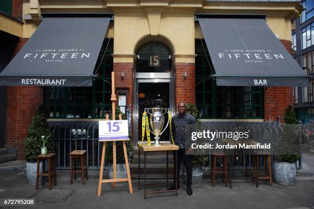 Ugo Monye poses with the Premiership Trophy during the Media Lunch to celebrate the 15th Premiership Rugby Final With Ugo Monye And Mark McCafferty...