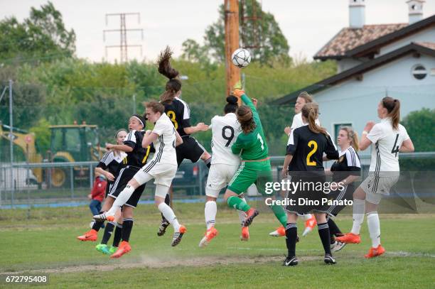 Shekiera Martinez of Germany women's U16 competes with Josephine Delvaux goalkeeper of Belgium women's U16 during the 2nd Female Tournament 'Delle...