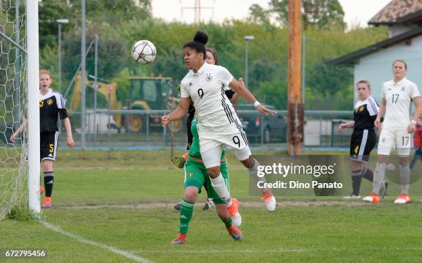 Shekiera Martinez of Germany women's U16 competes with Josephine Delvaux goalkeeper of Belgium women's U16 during the 2nd Female Tournament 'Delle...