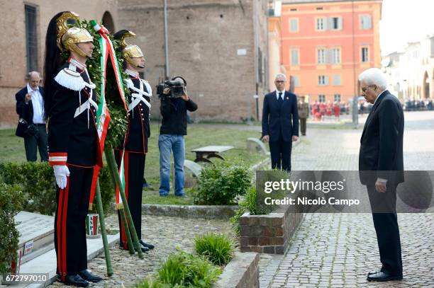 President of the Italian Republic Sergio Mattarella attends celebrations of the Liberation Day of Italy by laying a flower wreath at monument to the...