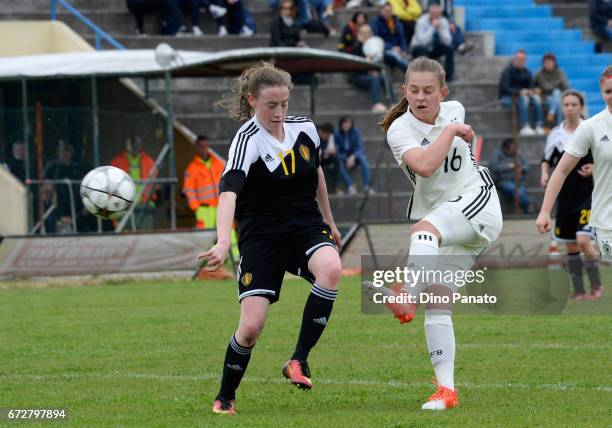 Leonie Koester of Germany women's U16 competes with Noa Delhaye of Belgium women's U16 during the 2nd Female Tournament 'Delle Nazioni' match between...