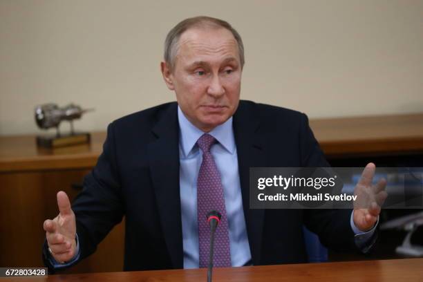 Russian President Vladimir Putin speeches during his meeting with local businessmen while visting the NPO Saturn in Rybinsk, Russia, April 2017....