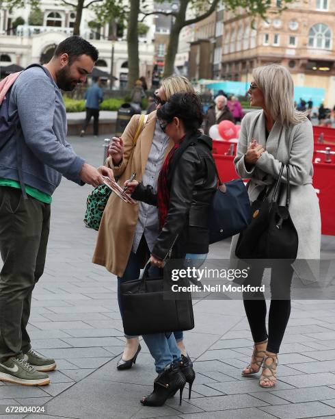 Faye Tozer, Claire Richards and Lisa Scott-Lee from Steps seen leaving the Global Radio Studios on April 25, 2017 in London, England.