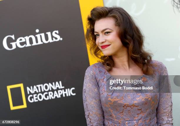 Actress Elvy Yost attends the Los Angeles Premiere Screening of National Geographics 'Genius' the Fox Theater on April 24, 2017 in Los Angeles,...