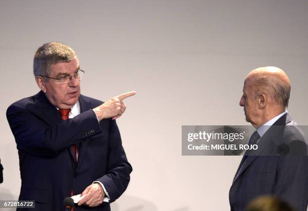 President Thomas Bach and ODEPA ´resident Julio Cesar Maglione speak during the LIV ODEPA Ordinary Assembly on April 25, 2017 in Punta del Este, 140...