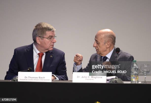 President Thomas Bach and ODEPA ´resident Julio Cesar Maglione speak during the LIV ODEPA Ordinary Assembly on April 25, 2017 in Punta del Este, 140...