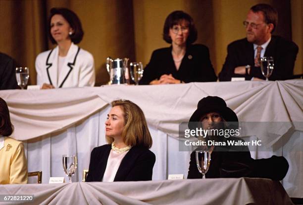 First Lady Hillary Rodham Clinton and singer Barbra Streisand at tend a Jewish National Fund brunch featuring President Clinton on April 9, 1995 at...