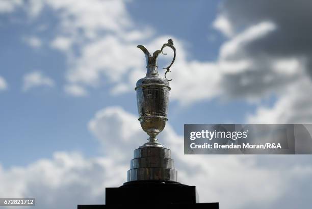 The Claret Jug is seen at a media day at Dun Laoghaire Golf Club on April 25, 2017 in Dublin, Ireland.