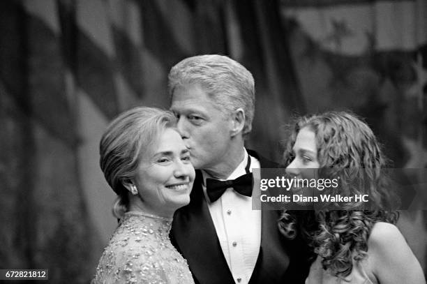 President William Clinton, First Lady Hillary Rodham Clinton and daughter Chelsea Clinton are photographed at a photo shoot with Gregory Heisler on...