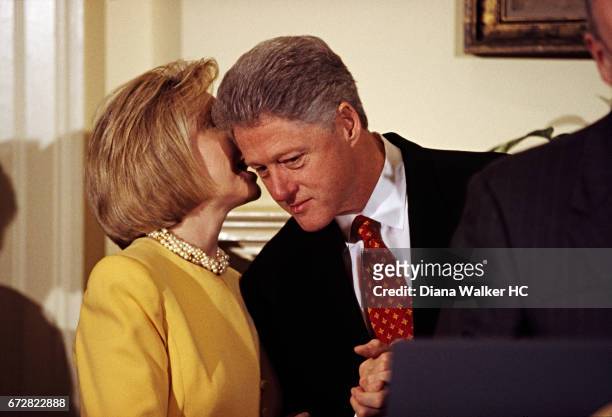 President William Clinton and First Lady Hillary Rodham Clinton are photographed in the Roosevelt Room before his remarks on the After-School Child...