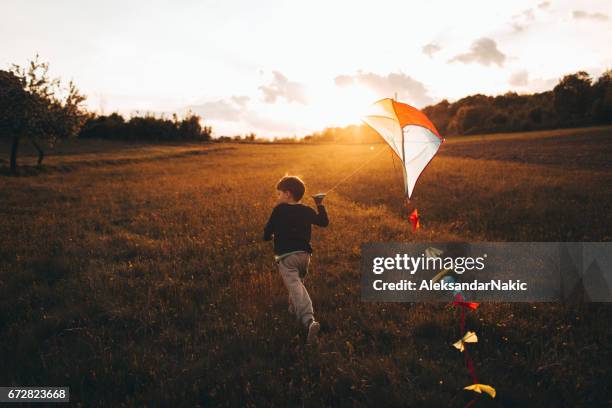 kleiner junge mit einem drachen - kite toy stock-fotos und bilder