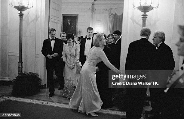 President William Clinton, First Lady Hillary Rodham Clinton, Britain's Prime Minister Tony Blair, wife Cherie Blair and Hollywood producer Harry...