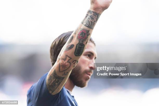 Tattoos of Sergio Ramos of Real Madrid are seen prior to the La Liga match between Real Madrid and Atletico de Madrid at the Santiago Bernabeu...