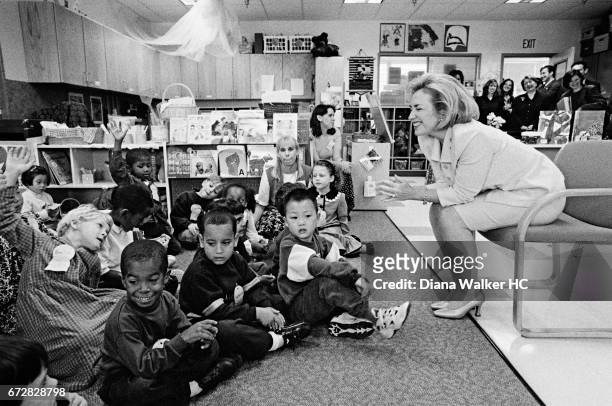 First Lady Hillary Rodham Clinton is photographed visiting the Center for Young Children at the University of Maryland on October 3, 1997 in College...