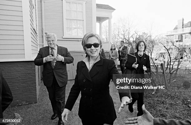 First Lady Hillary Rodham Clinton and Massachusetts Senator Ted Kennedy are photographed on December 5, 1998 at the Longfellow House in Cambridge,...