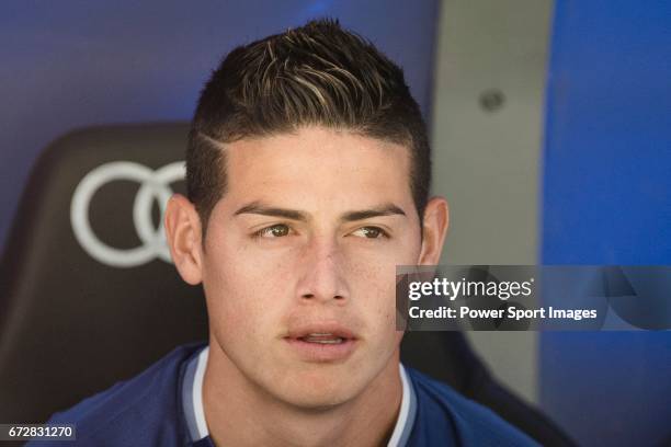 James Rodriguez of Real Madrid prior to the La Liga match between Real Madrid and Atletico de Madrid at the Santiago Bernabeu Stadium on 08 April...