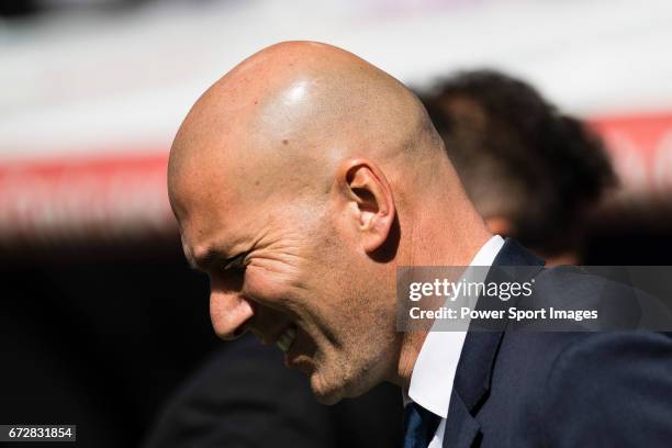 Coach Zinedine Zidane of Real Madrid prior to the La Liga match between Real Madrid and Atletico de Madrid at the Santiago Bernabeu Stadium on 08...