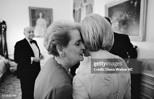 First Lady Hillary Rodham Clinton and Secretary of State, Madeleine Albright are photographed before a White House state dinner on February 5, 1998...