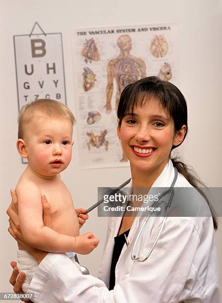 SMILING FEMALE PEDIATRICIAN HOLDING BABY LOOKING AT CAMERA