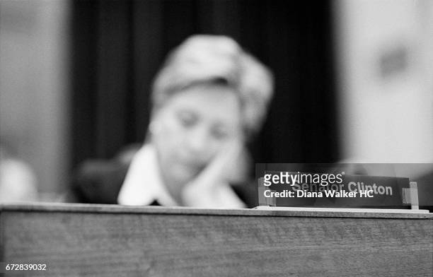 Senator Hillary Rodham Clinton attends a House-Senate conference on education in the Rayburn House Office Building on July 19, 2001 in Washington,...