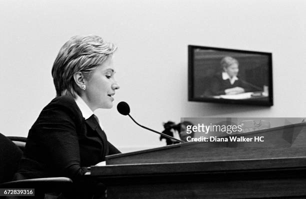 Senator Hillary Rodham Clinton speaks at a House-Senate conference on education in the Rayburn House Office Building on July 19, 2001 in Washington,...