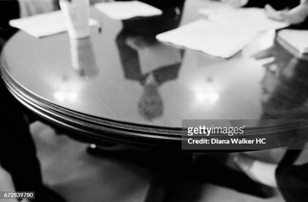 Senator Hillary Rodham Clinton is reflected in her office table on July 19, 2001 in Washington, DC. CREDIT MUST READ: Diana Walker from HILLARY, The...