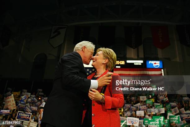Senator Hillary Rodham Clinton and former President William Clinton are photographed at a rally on April 21, 2008 at the University of Pennsylvania...