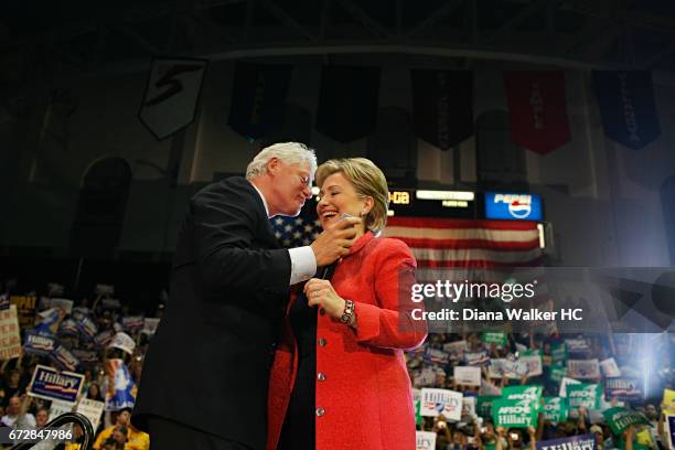 Senator Hillary Rodham Clinton and former President William Clinton are photographed at a rally on April 21, 2008 at the University of Pennsylvania...