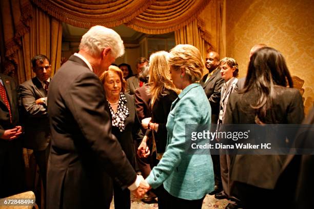 Senator Hillary Rodham Clinton, former President William Clinton and mother Dorothy Rodham are photographed moments before hearing she won the...