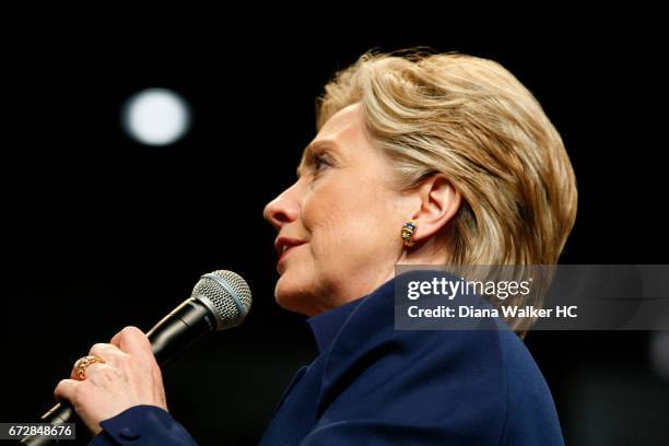 Senator Hillary Rodham Clinton is photographed speaking at the Solutions for the America Economy town hall meeting on February 1, 2008 at San Diego...