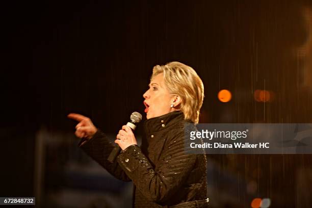Senator Hillary Rodham Clinton is photographed speaking in the rain as she barnstorms across Pennsylvania on April 19, 2008 in McKeesport,...