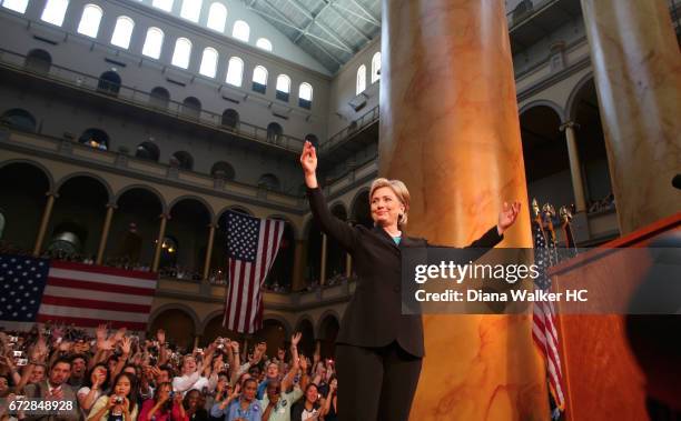 Senator Hillary Rodham Clinton is photographed during her concession speech on June 7, 2008 at the National Building Museum in Washington, DC. CREDIT...