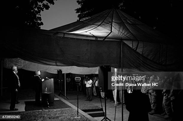 Secretary of State Hillary Rodham Clinton talks to American and Pakistani staff on October 21, 2011 at the US embassy in Islamabad, Pakistan. CREDIT...