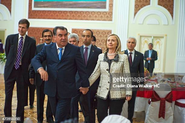 Secretary of State Hillary Rodham Clinton, President Emomali Rahmon of Tajikistan, Assistant Secretary of State Robert O. Blake are photographed on...