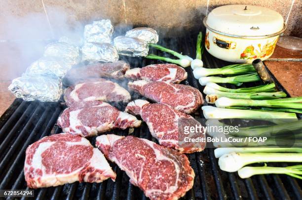high angle view of rib eye steak with scallion - hermosillo ストックフォトと画像