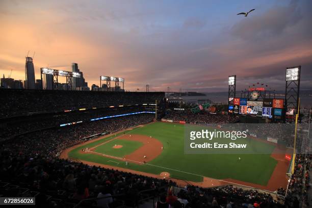 General view of the San Francisco Giants playing against the Los Angeles Dodgers at AT&T Park on April 24, 2017 in San Francisco, California.