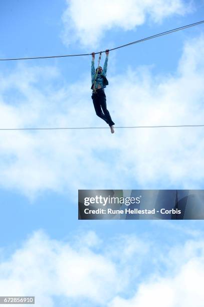 The Flying Frenchies, stars of "The Free Man" rehearse their highline walk stunt at BBC Broadcasting House on April 25, 2017 in London, England.