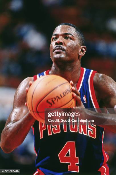 Joe Dumars of the Detroit Pistons shoots against the Atlanta Hawks during a game played circa 1990 at the Omni in Atlanta, Georgia. NOTE TO USER:...
