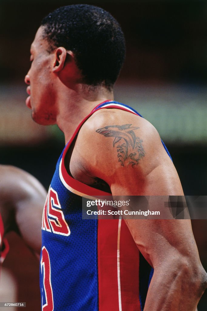 Detroit Rodman Dennis Rodman of the Detroit Pistons looks on against the Atlanta ...