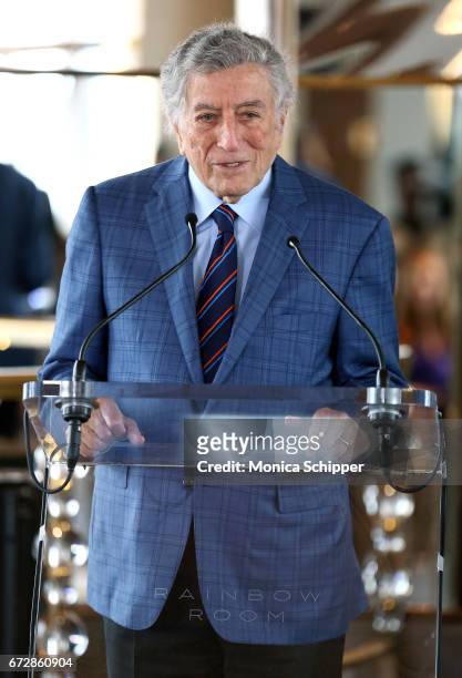 Singer Tony Bennett speaks on stage at the Ella Fitzgerald's 100th Birthday Celebration & Ella Fitzgerald Day Proclamation at The Rainbow Room on...
